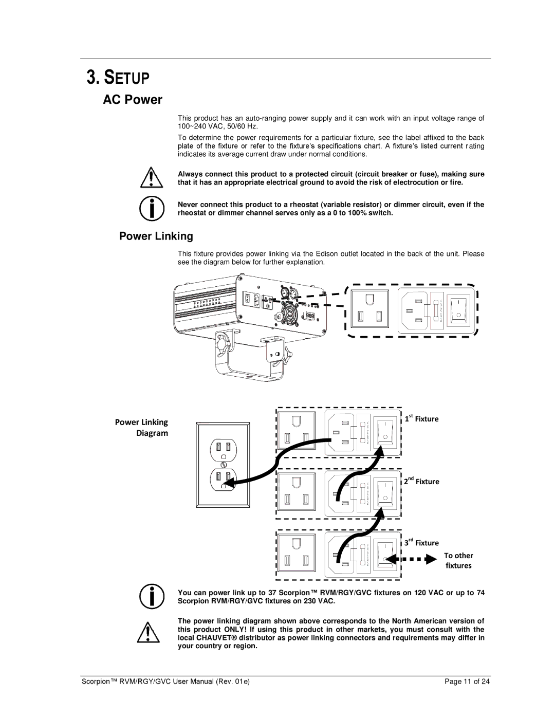 Chauvet RVM, RGY, GVC user manual Setup, AC Power, Power Linking 