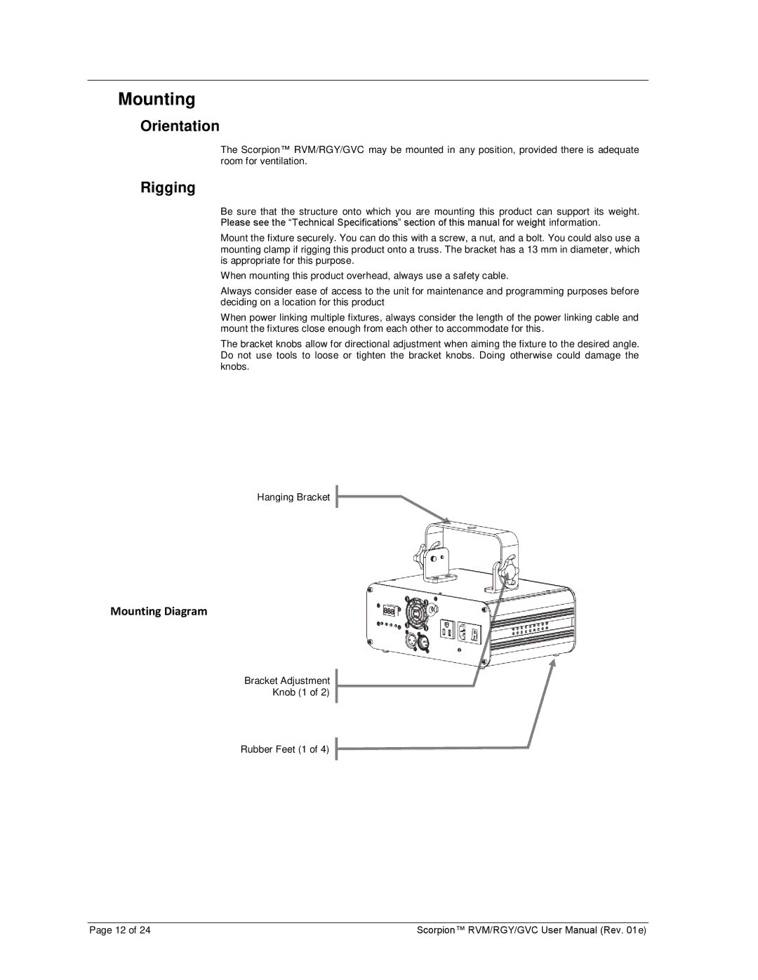 Chauvet RGY, GVC, RVM user manual Mounting, Orientation, Rigging 