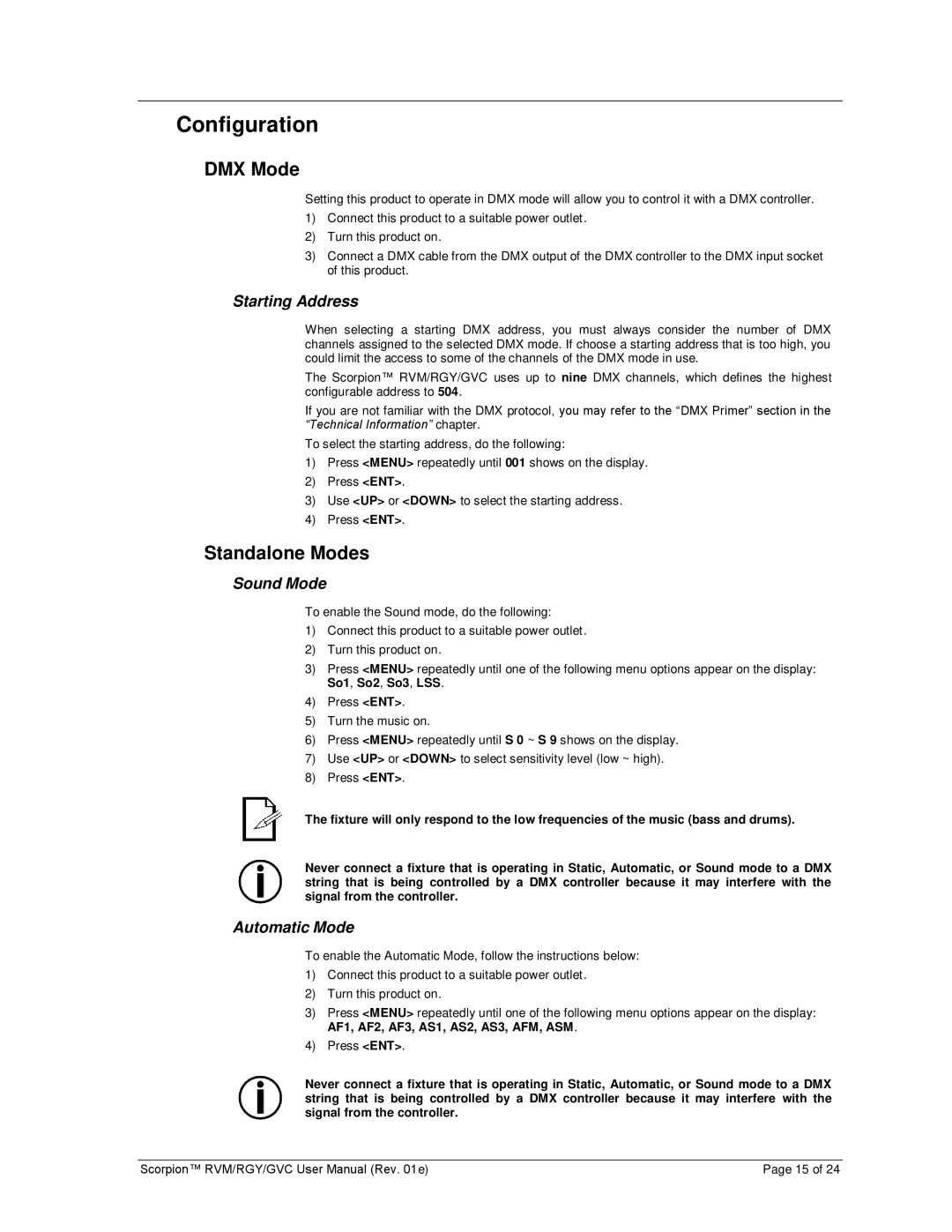 Chauvet RGY, GVC, RVM user manual Configuration, DMX Mode, Standalone Modes 