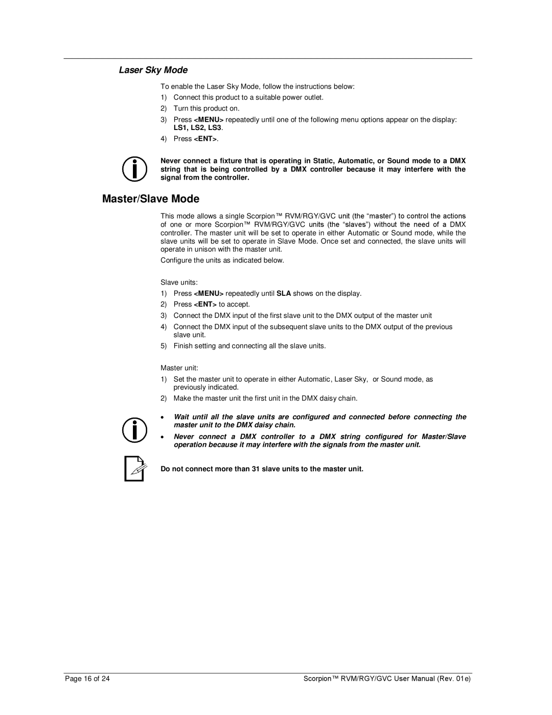 Chauvet GVC, RGY, RVM user manual Master/Slave Mode, Laser Sky Mode 