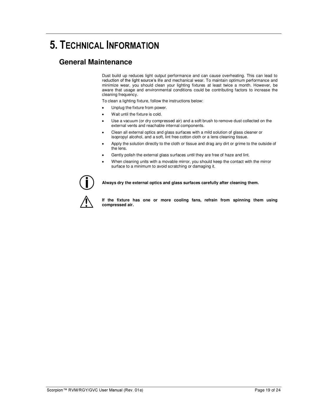 Chauvet GVC, RGY, RVM user manual Technical Information, General Maintenance 