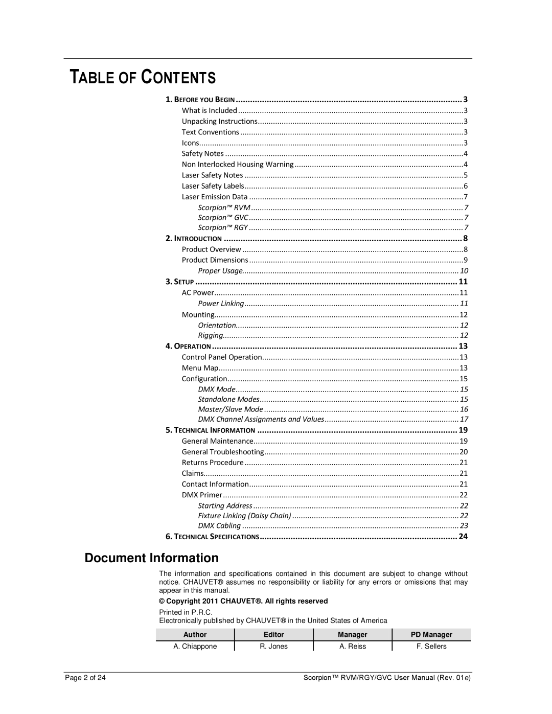 Chauvet RVM, RGY, GVC user manual Table of Contents 