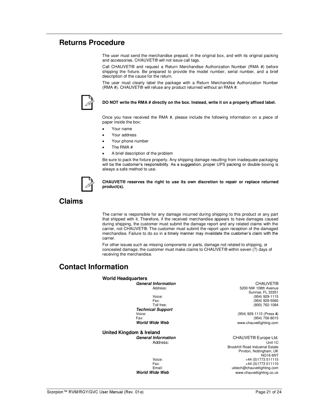 Chauvet RGY, GVC, RVM user manual Returns Procedure, Claims, Contact Information 