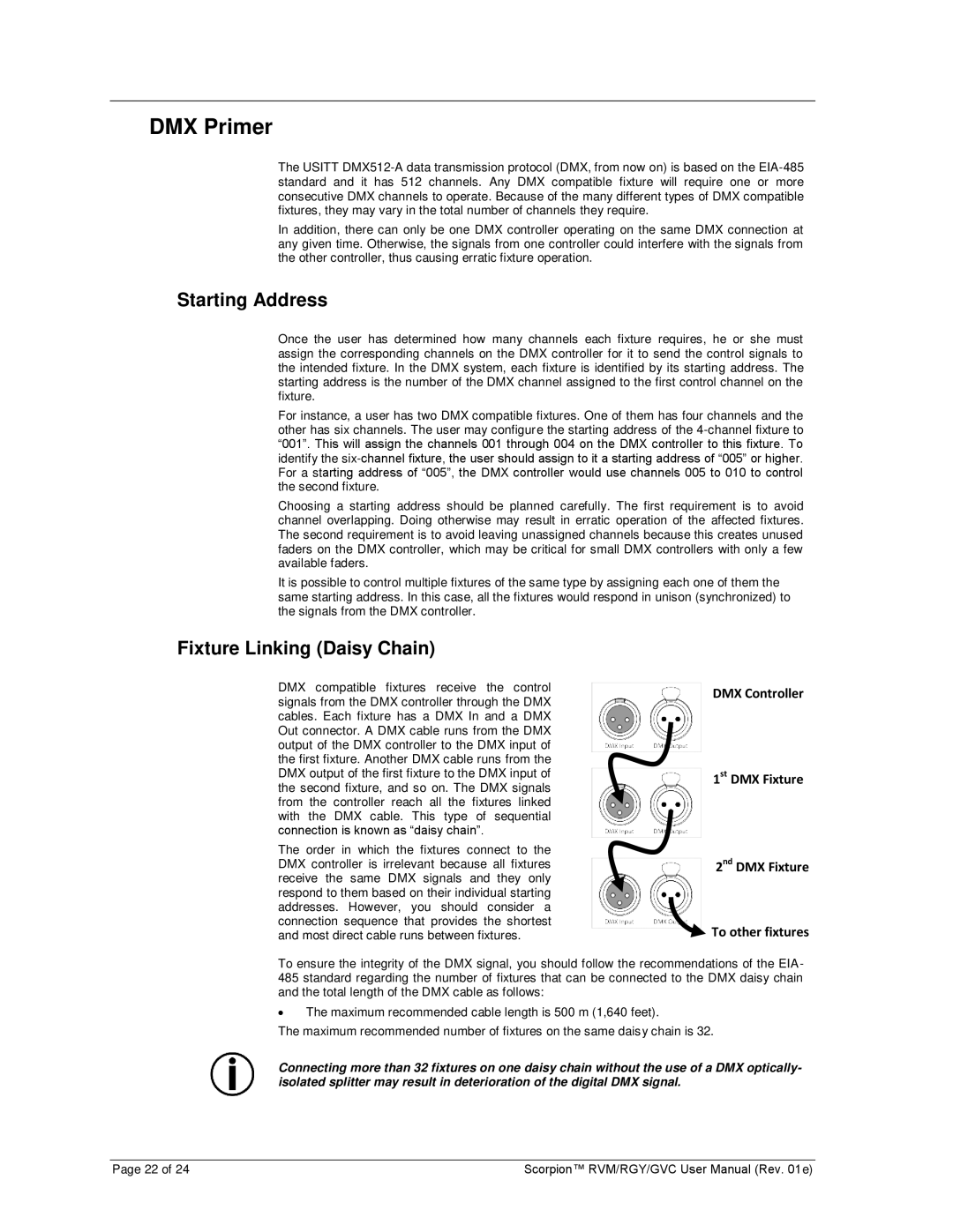 Chauvet GVC, RGY, RVM user manual DMX Primer, Starting Address, Fixture Linking Daisy Chain 