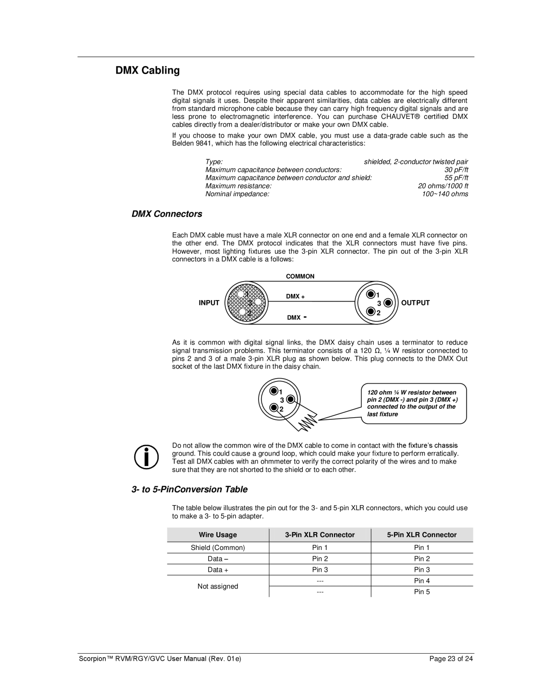 Chauvet RVM, RGY, GVC user manual DMX Cabling, DMX Connectors, To 5-PinConversion Table 