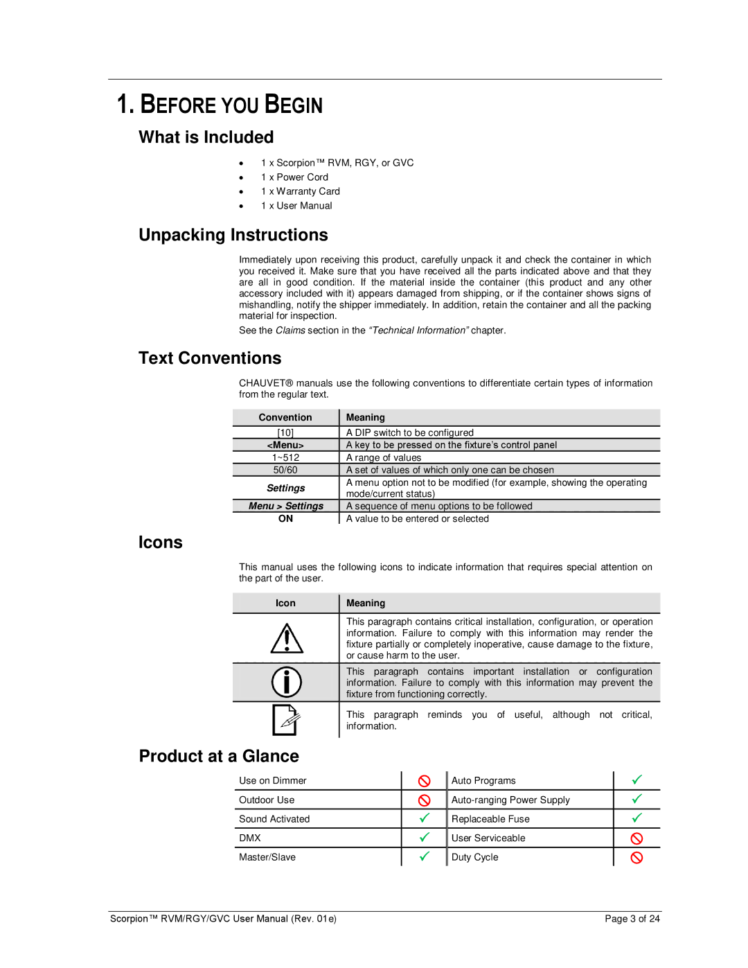 Chauvet RGY, GVC, RVM user manual Before YOU Begin 