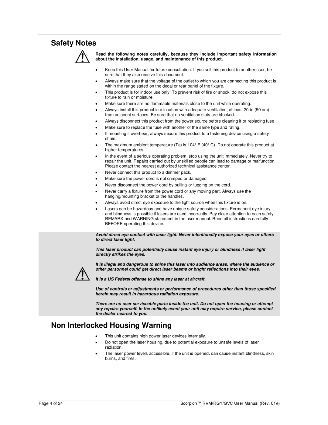 Chauvet GVC, RGY, RVM user manual Safety Notes, Non Interlocked Housing Warning 