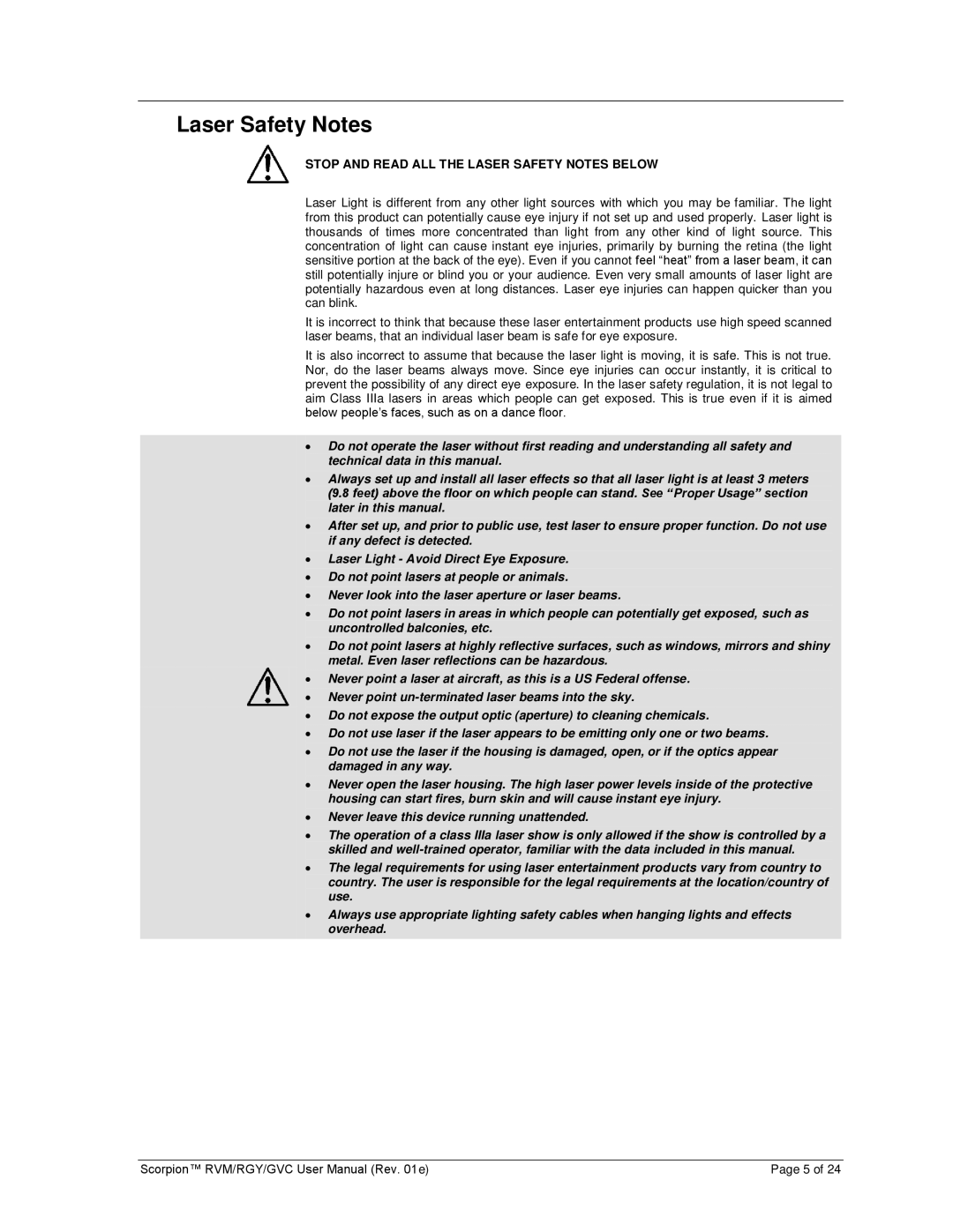 Chauvet RVM, RGY, GVC user manual Stop and Read ALL the Laser Safety Notes below 