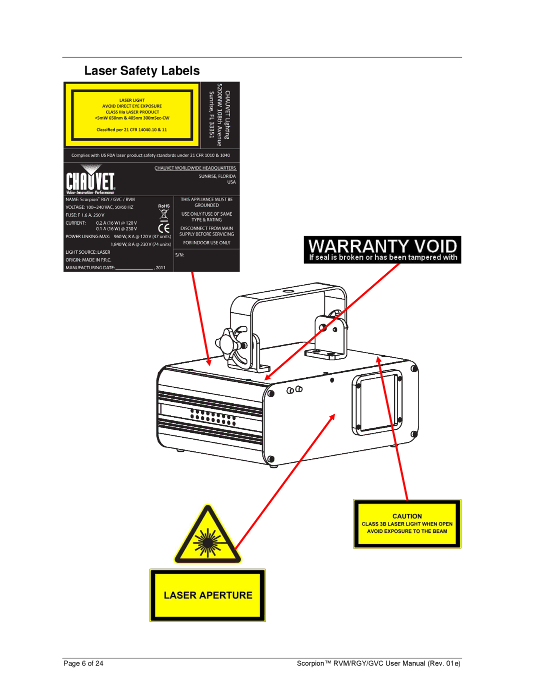 Chauvet RGY, GVC, RVM user manual Laser Safety Labels 