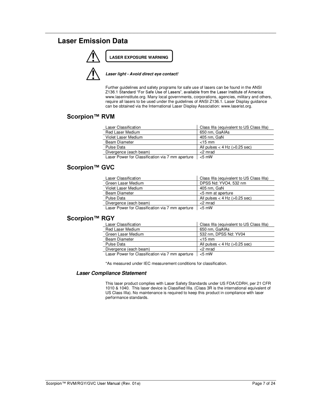 Chauvet user manual Laser Emission Data, Scorpion RVM, Scorpion GVC, Scorpion RGY, Laser Compliance Statement 