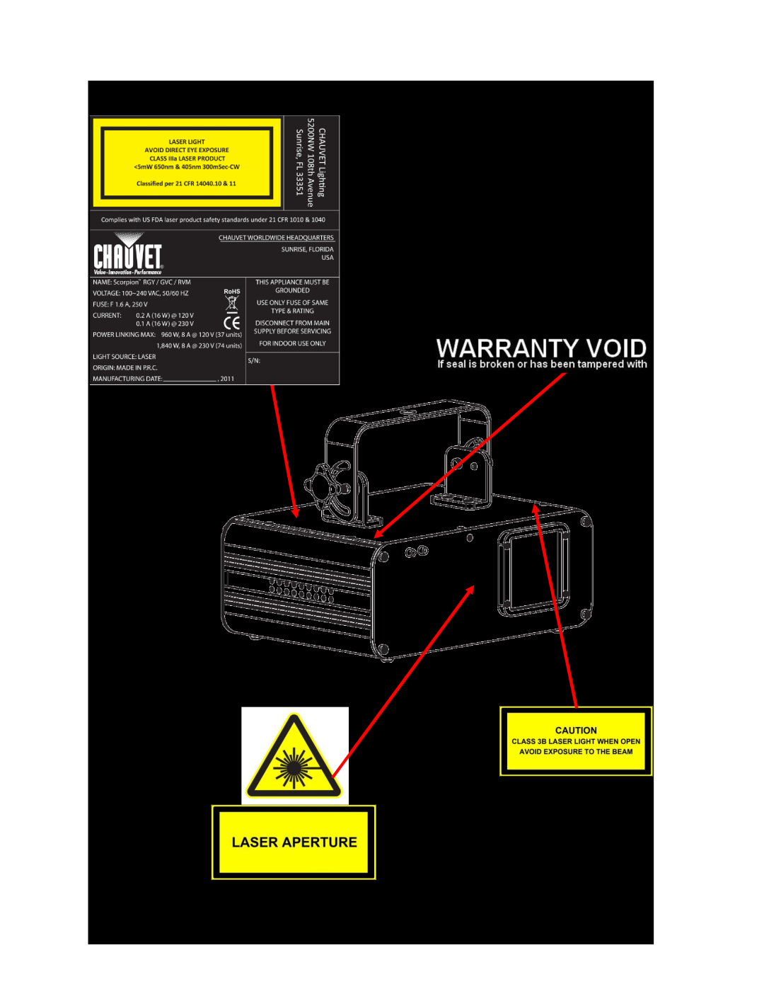 Chauvet RGY, GVC, RVM user manual Laser Safety Labels, Page 6 of 