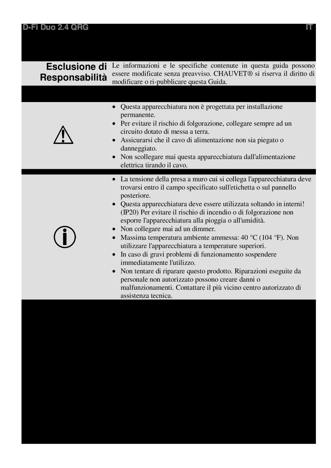 Chauvet RX, TX manual Informazioni sulla Guida Esclusione di Responsabilità, Note di Sicurezza, D-Fi Duo 2.4 QRG 