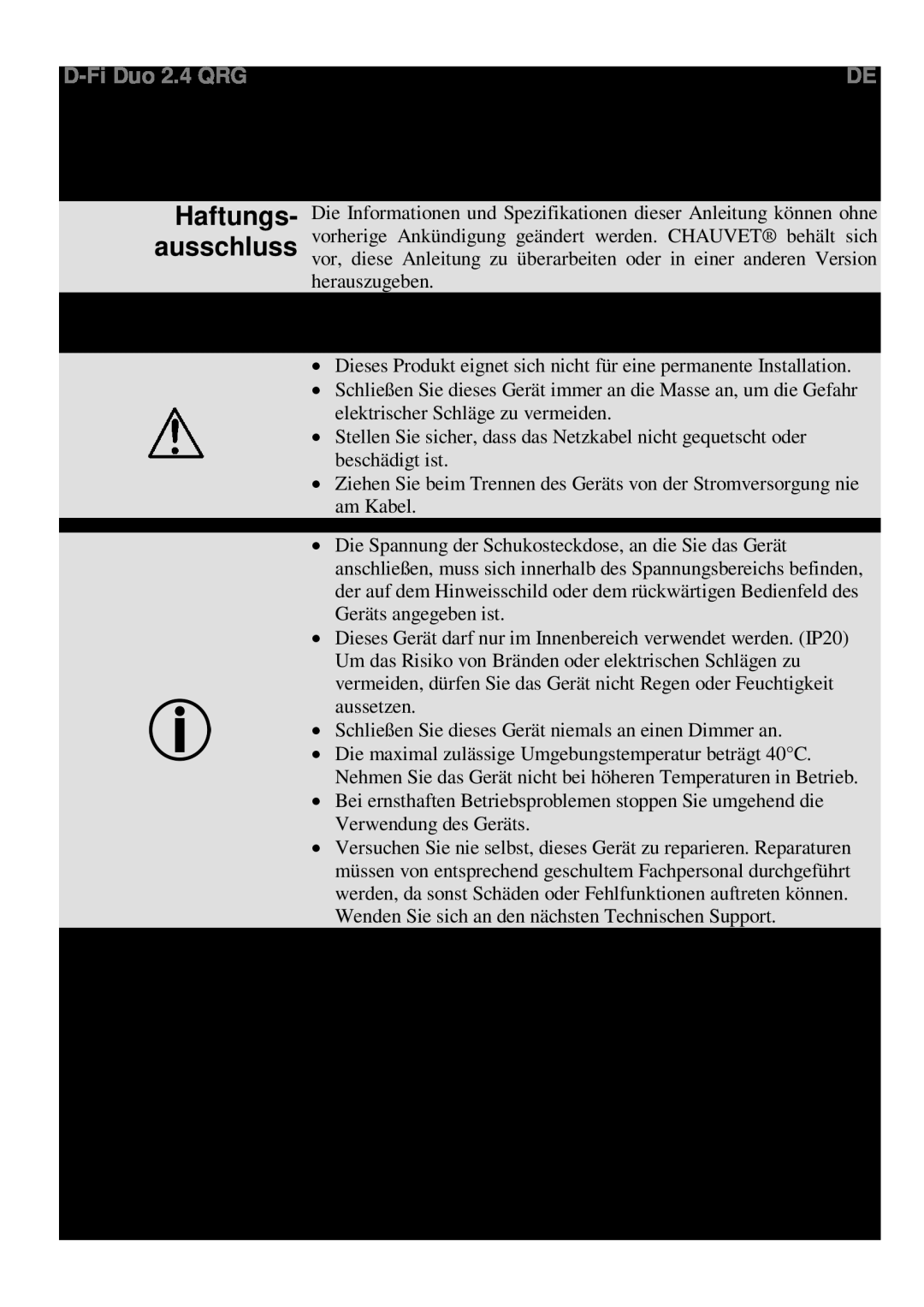 Chauvet RX, TX manual Über diese Schnellan- leitung Haftungs- ausschluss Sicherheits, hinweise Packungs-inhalt Start 