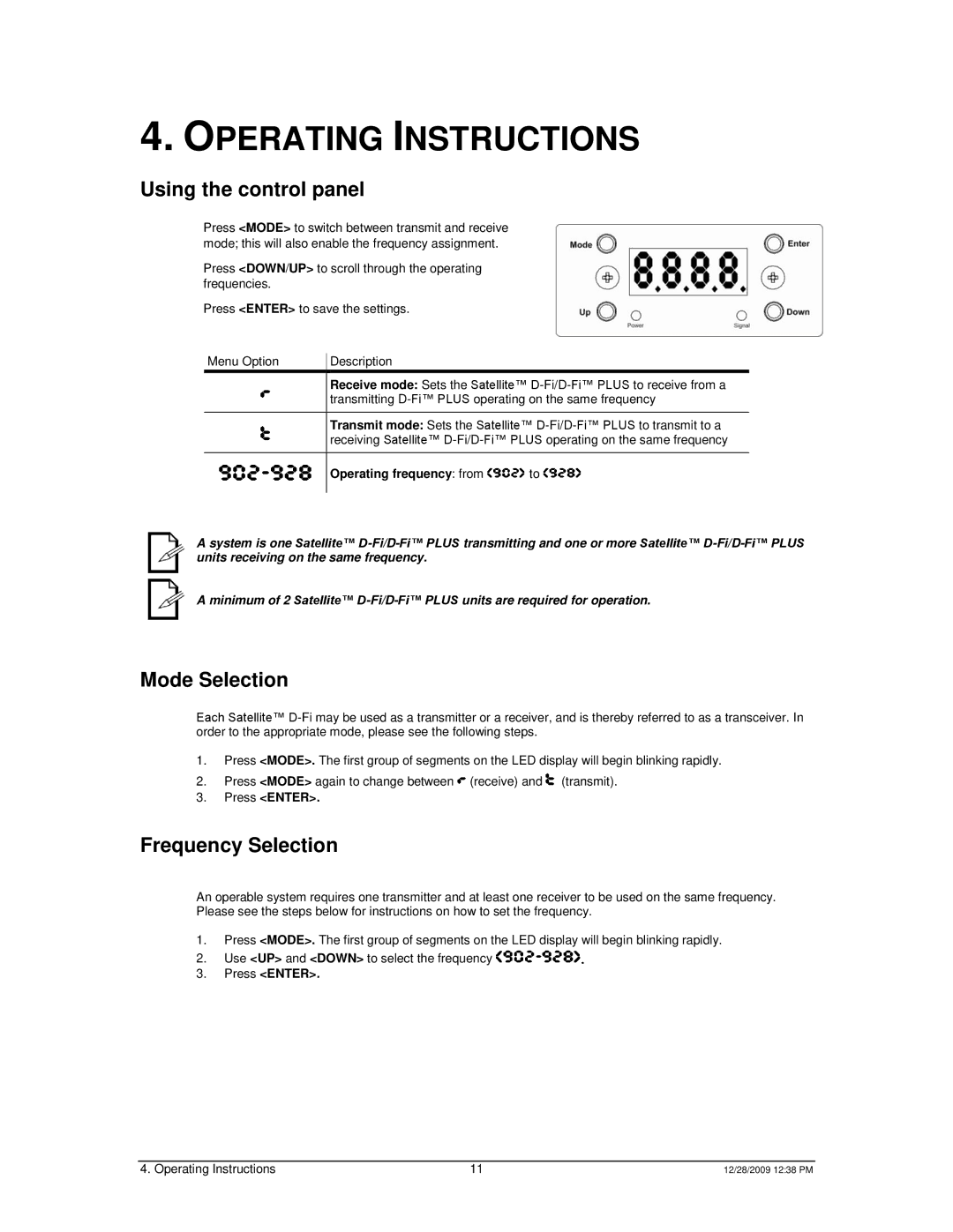 Chauvet Satellite TV System Operating Instructions, Using the control panel, Mode Selection, Frequency Selection 