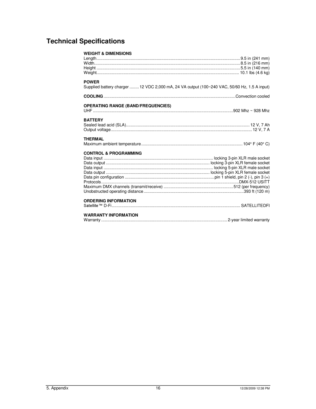 Chauvet Satellite TV System user service Technical Specifications, Power 