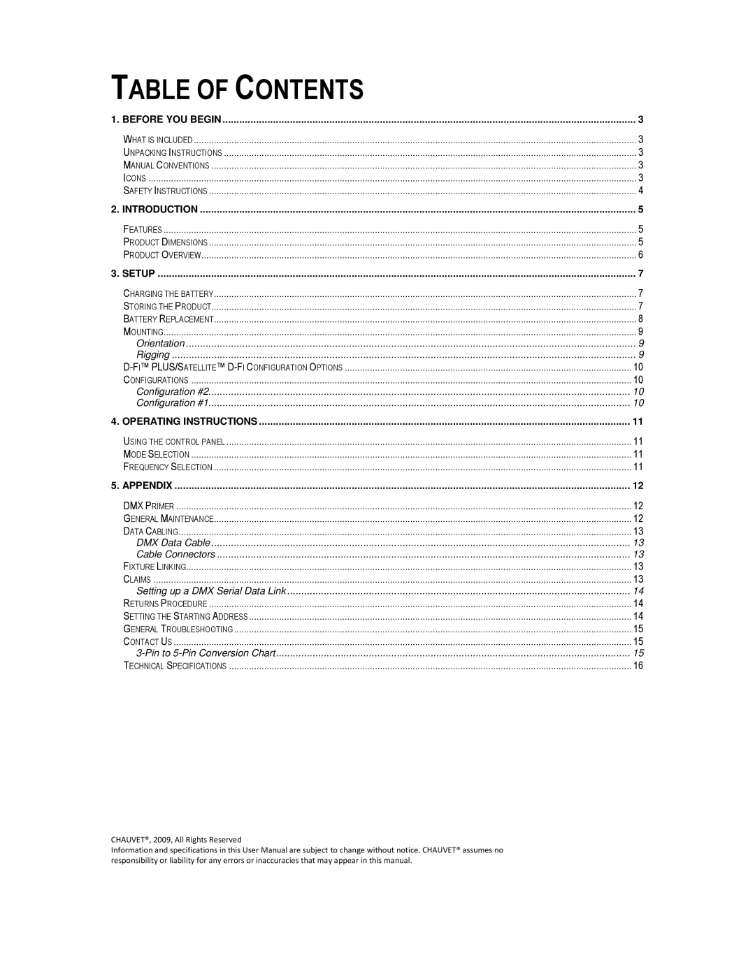 Chauvet Satellite TV System user service Table of Contents 