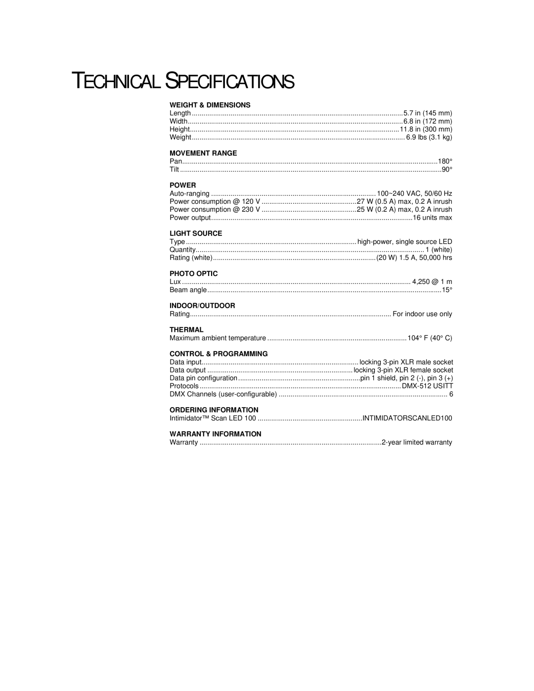 Chauvet SCAN LED 100 user manual Technical Specifications, Power 