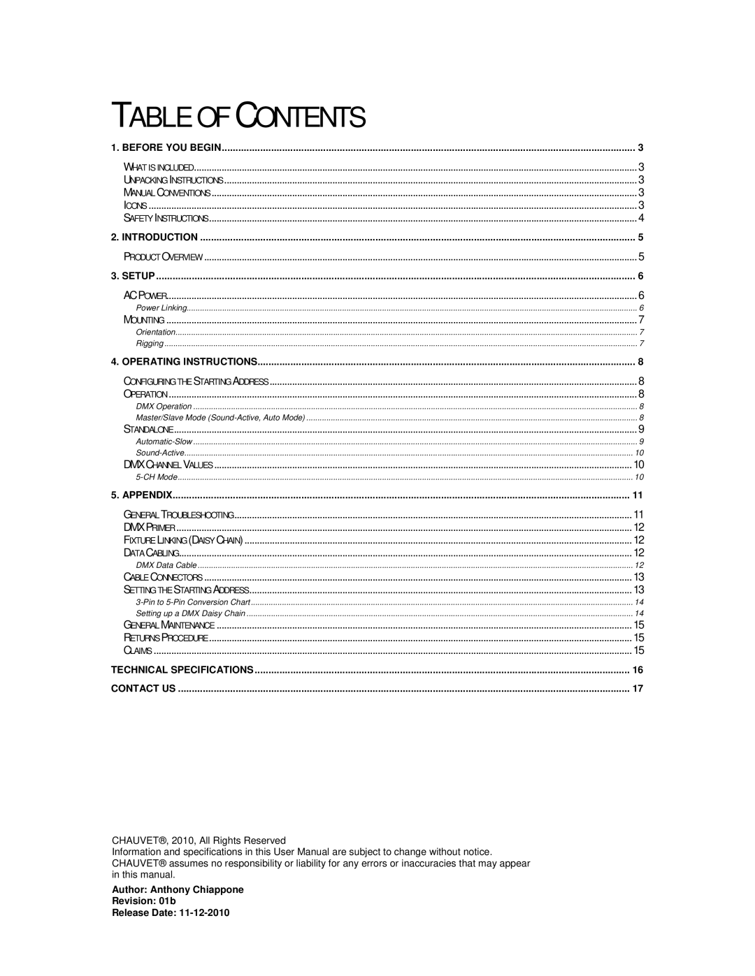 Chauvet SCAN LED 100 user manual Table of Contents 