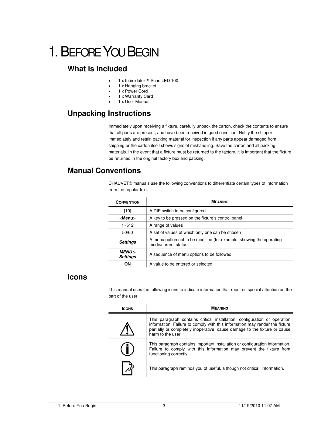 Chauvet SCAN LED 100 user manual Before YOU Begin, What is included, Unpacking Instructions, Manual Conventions, Icons 