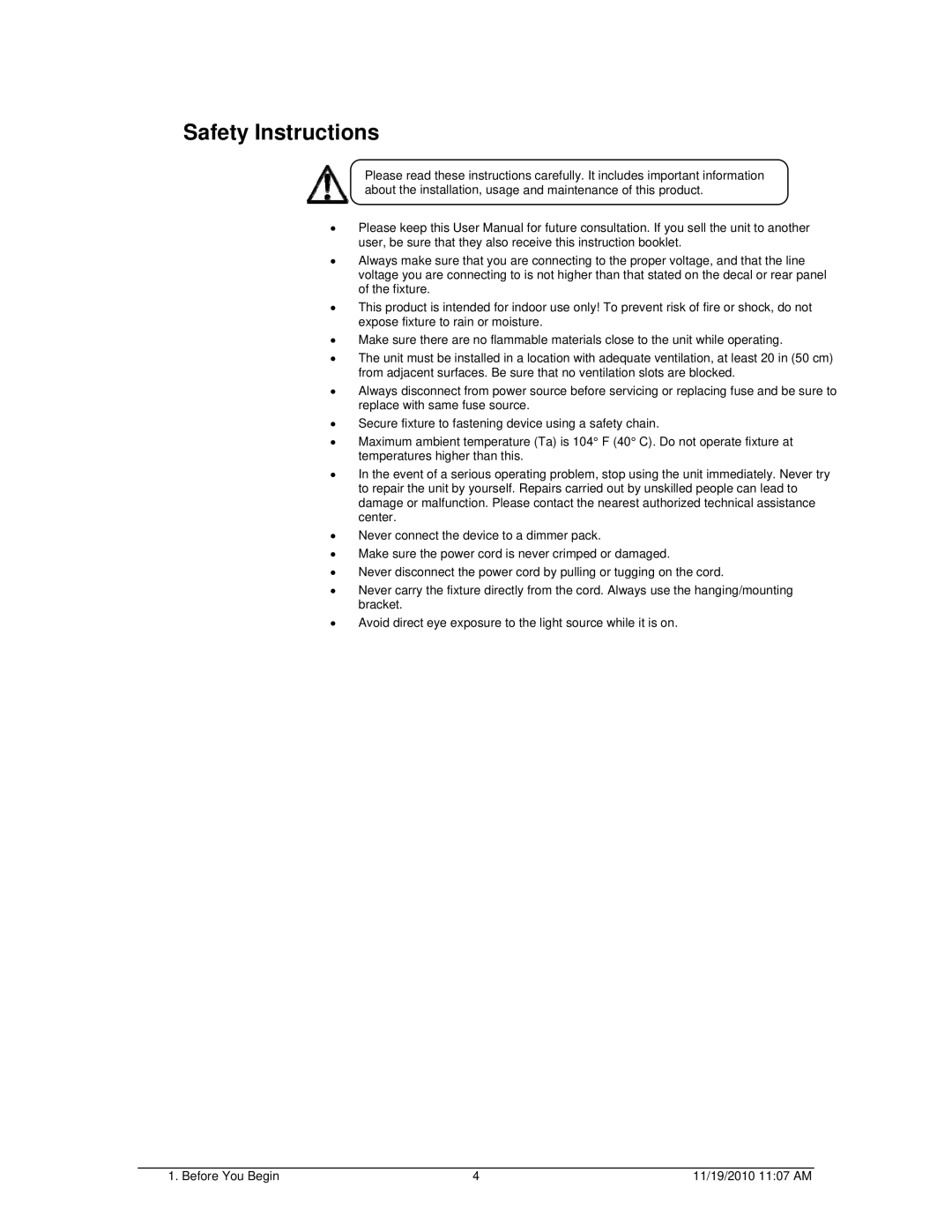 Chauvet SCAN LED 100 user manual Safety Instructions 