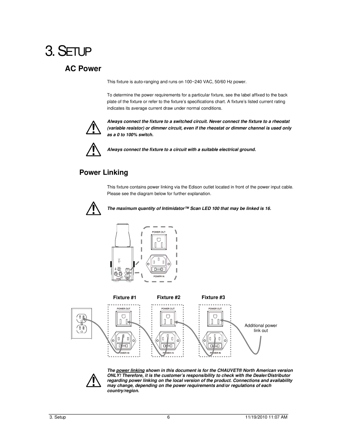 Chauvet SCAN LED 100 user manual Setup, AC Power, Power Linking 