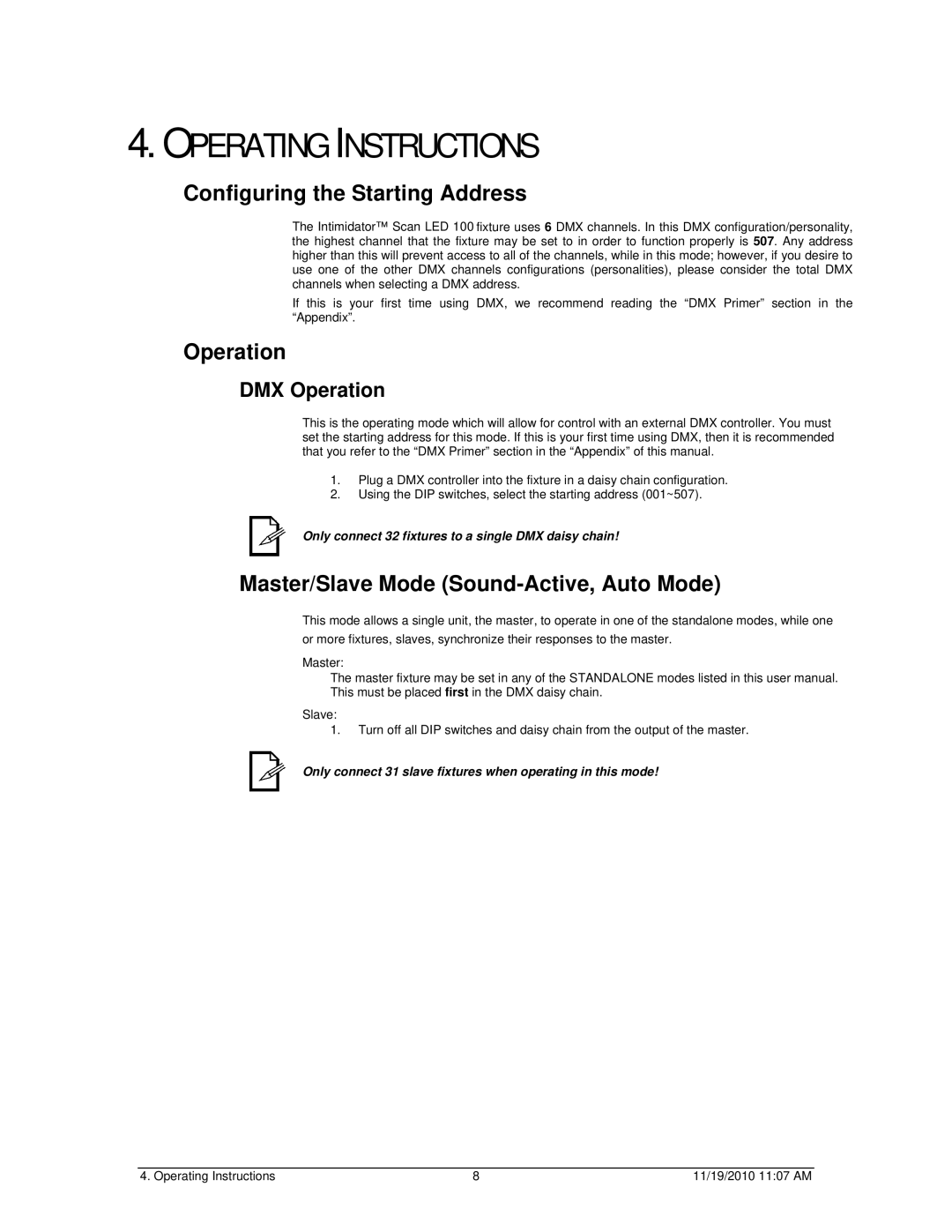 Chauvet SCAN LED 100 user manual Operating Instructions, Configuring the Starting Address, DMX Operation 