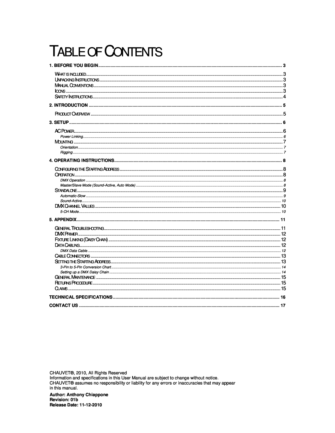 Chauvet SCAN LED 100 user manual Table Of Contents, Before You Begin, Author Anthony Chiappone Revision 01b, Release Date 