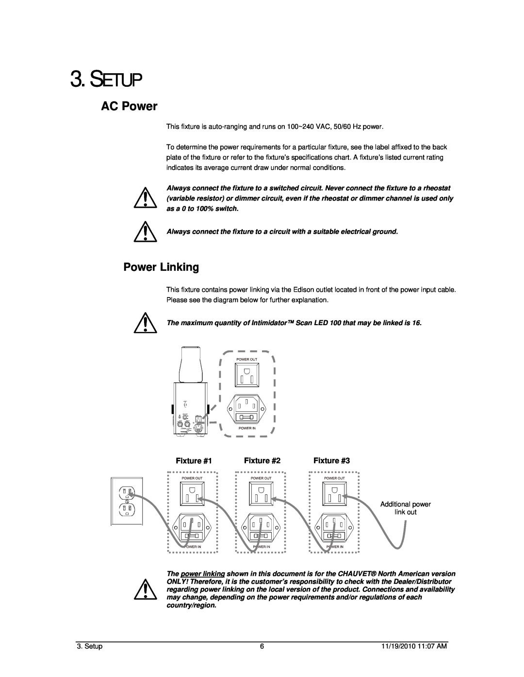 Chauvet SCAN LED 100 user manual Setup, AC Power, Power Linking, Fixture #1, Fixture #2, Fixture #3 