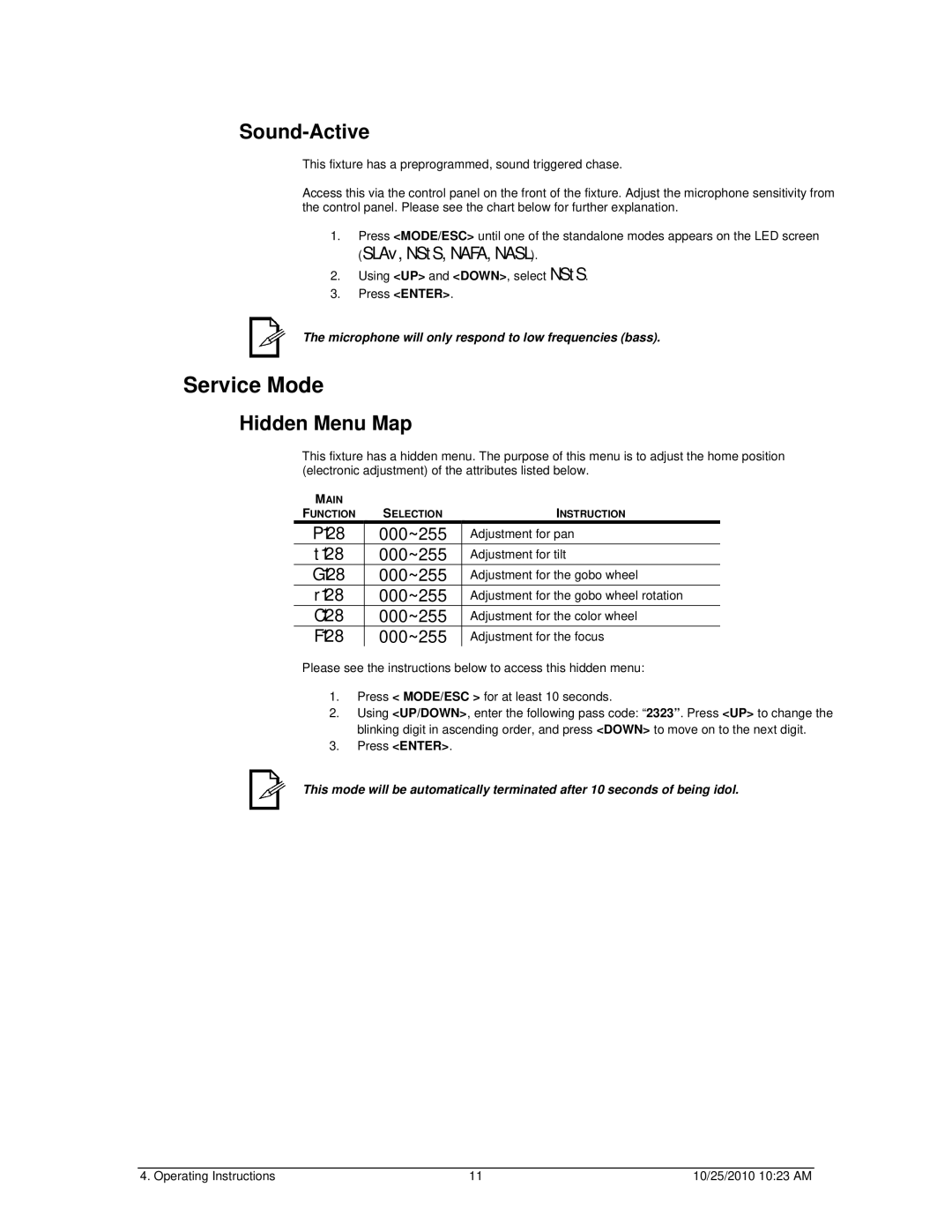 Chauvet SCAN LED 300 user manual Service Mode, Sound-Active, Hidden Menu Map 