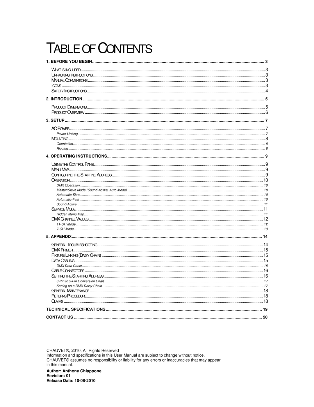 Chauvet SCAN LED 300 user manual Table of Contents 