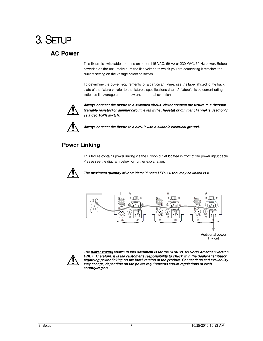 Chauvet SCAN LED 300 user manual Setup, AC Power, Power Linking 