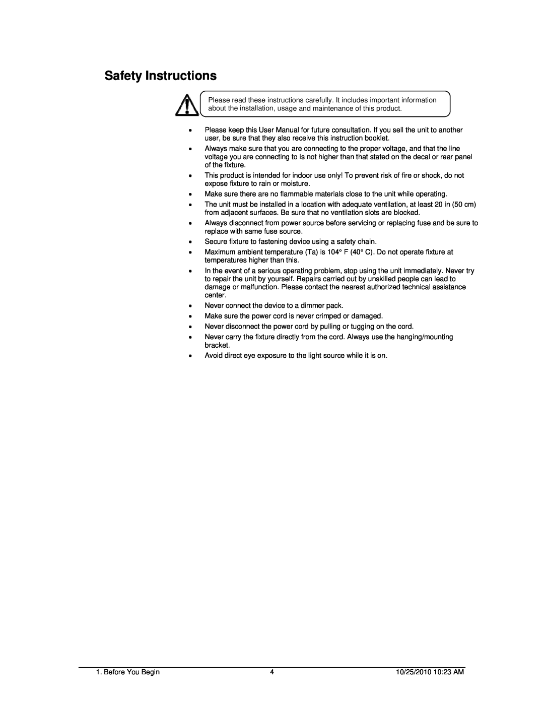 Chauvet SCAN LED 300 user manual Safety Instructions 