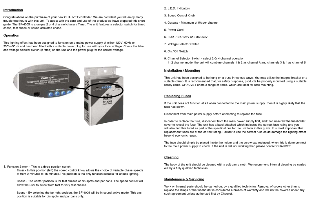 Chauvet SF-4005 Introduction, Operation, Installation / Mounting, Replacing Fuses, Cleaning, Maintenance & Servicing 