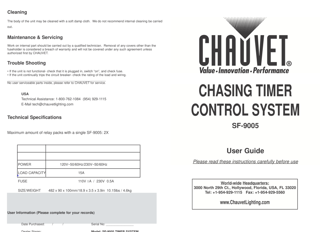 Chauvet SF-9005 technical specifications Cleaning, Maintenance & Servicing, Trouble Shooting, Technical Specifications 