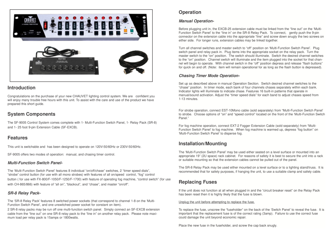 Chauvet SF-9005 Introduction, System Components, Features, Operation, Installation/Mounting, Replacing Fuses 