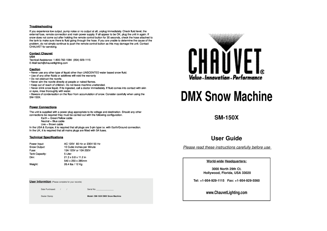 Chauvet SM-150X technical specifications Troubleshooting, Contact Chauvet, Power Connections, Technical Specifications 