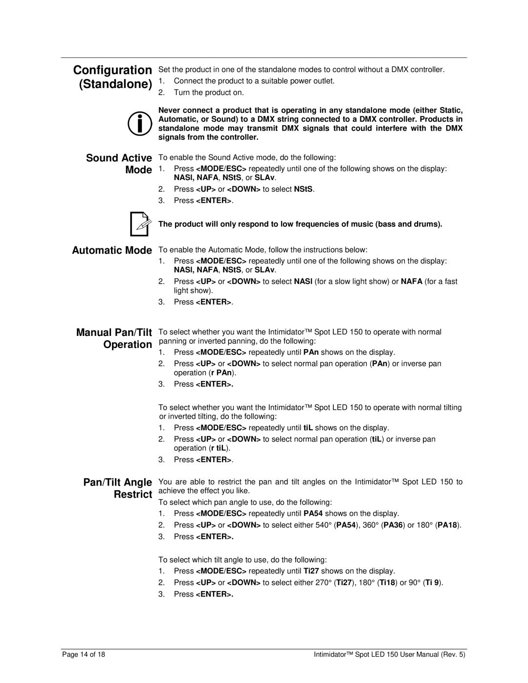 Chauvet Spot LED 150 user manual Configuration Standalone, Press Enter 