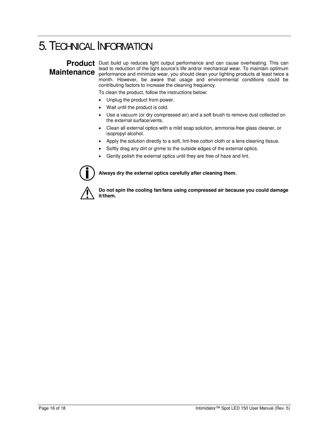 Chauvet Spot LED 150 user manual Technical Information, Product Maintenance 