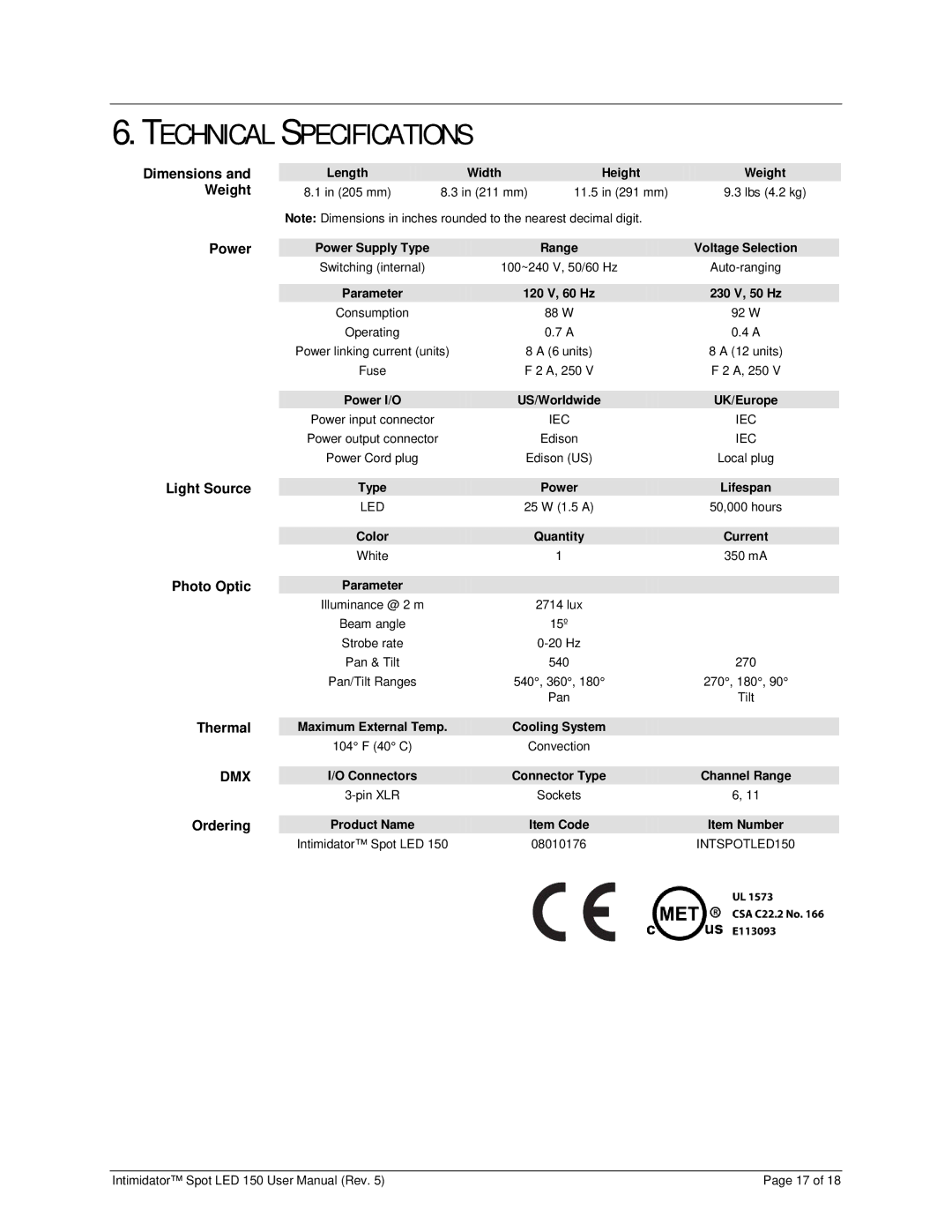 Chauvet Spot LED 150 user manual Technical Specifications 