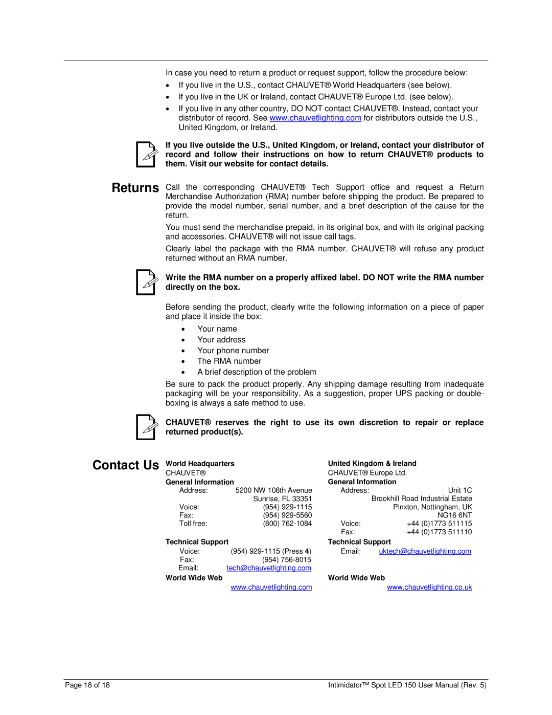 Chauvet Spot LED 150 Returns Contact Us, World Headquarters United Kingdom & Ireland, General Information, World Wide Web 