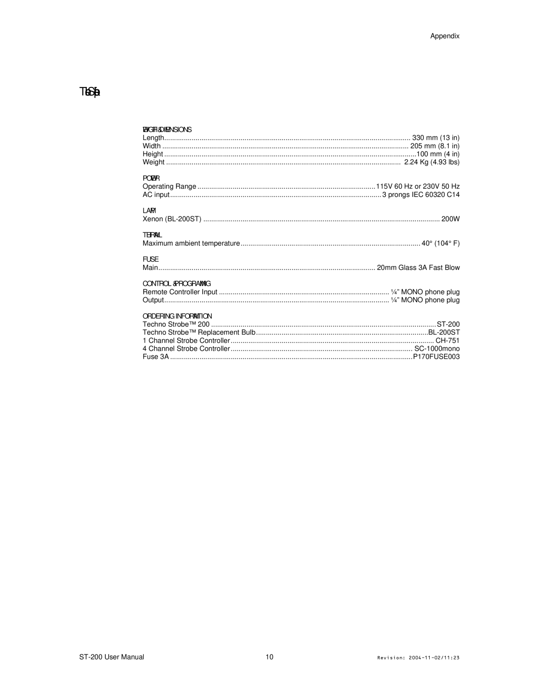 Chauvet ST-200 user manual Technical Specifications, Ordering Information 