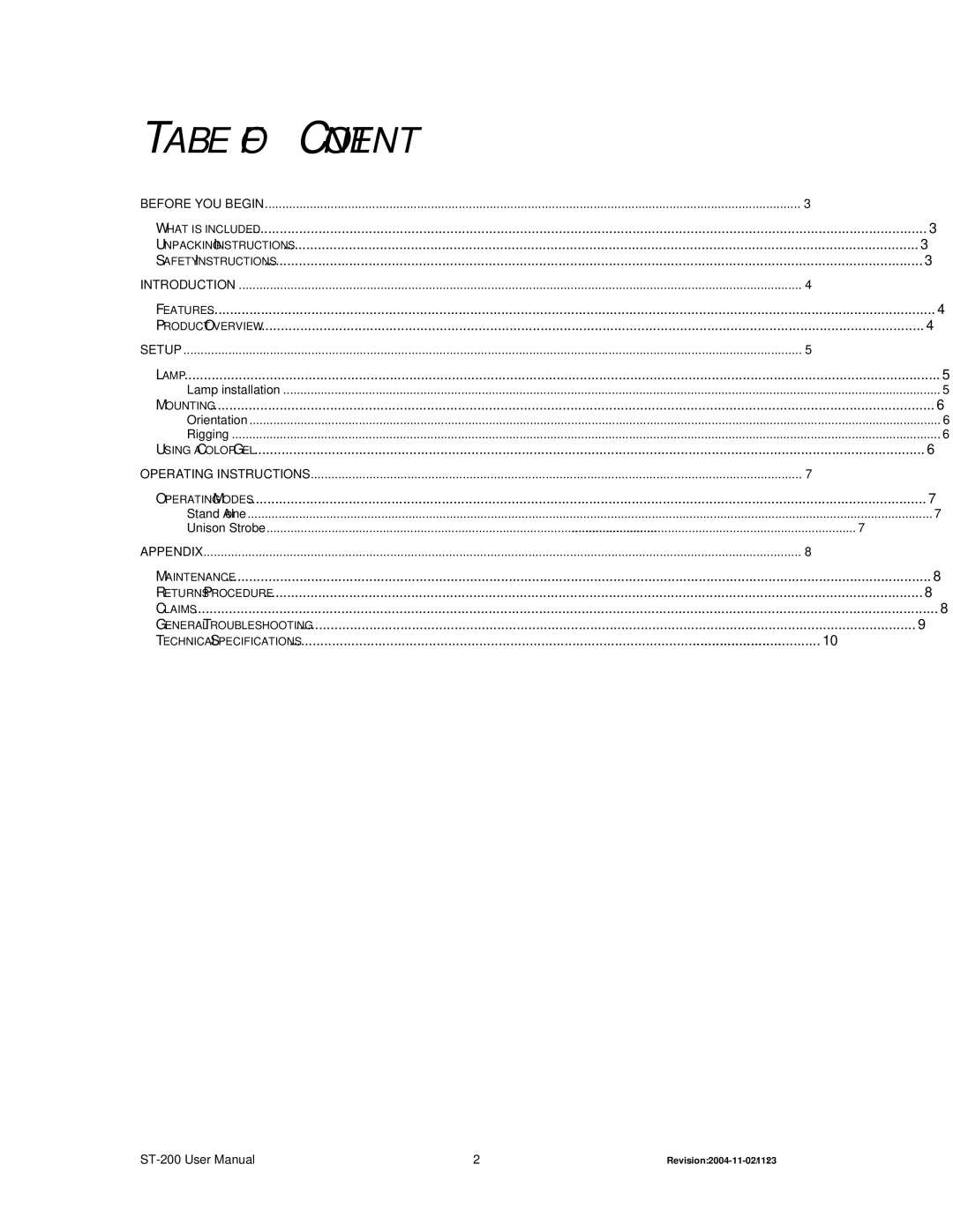 Chauvet ST-200 user manual Table of Content 