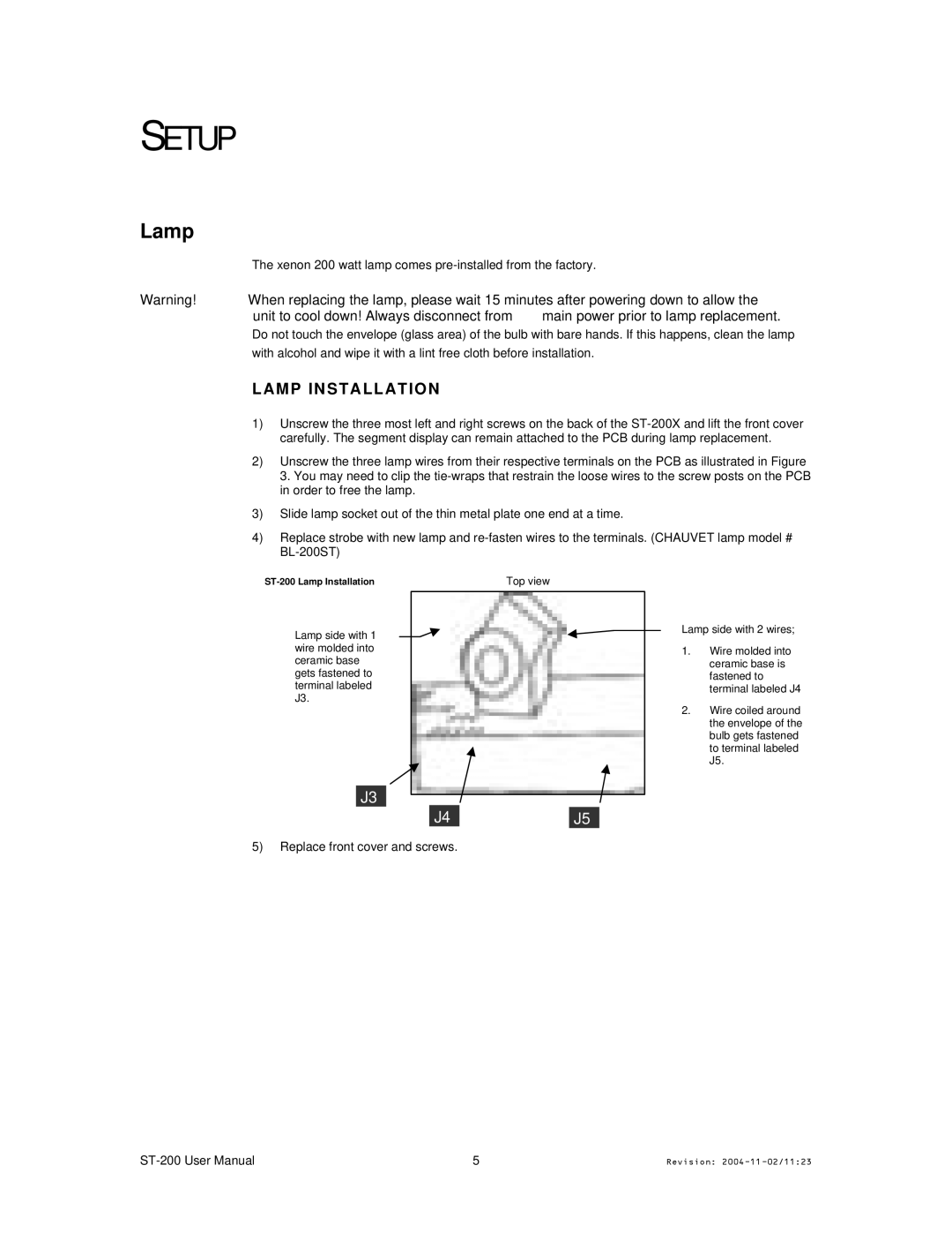 Chauvet ST-200 user manual Setup, Lamp Installation 