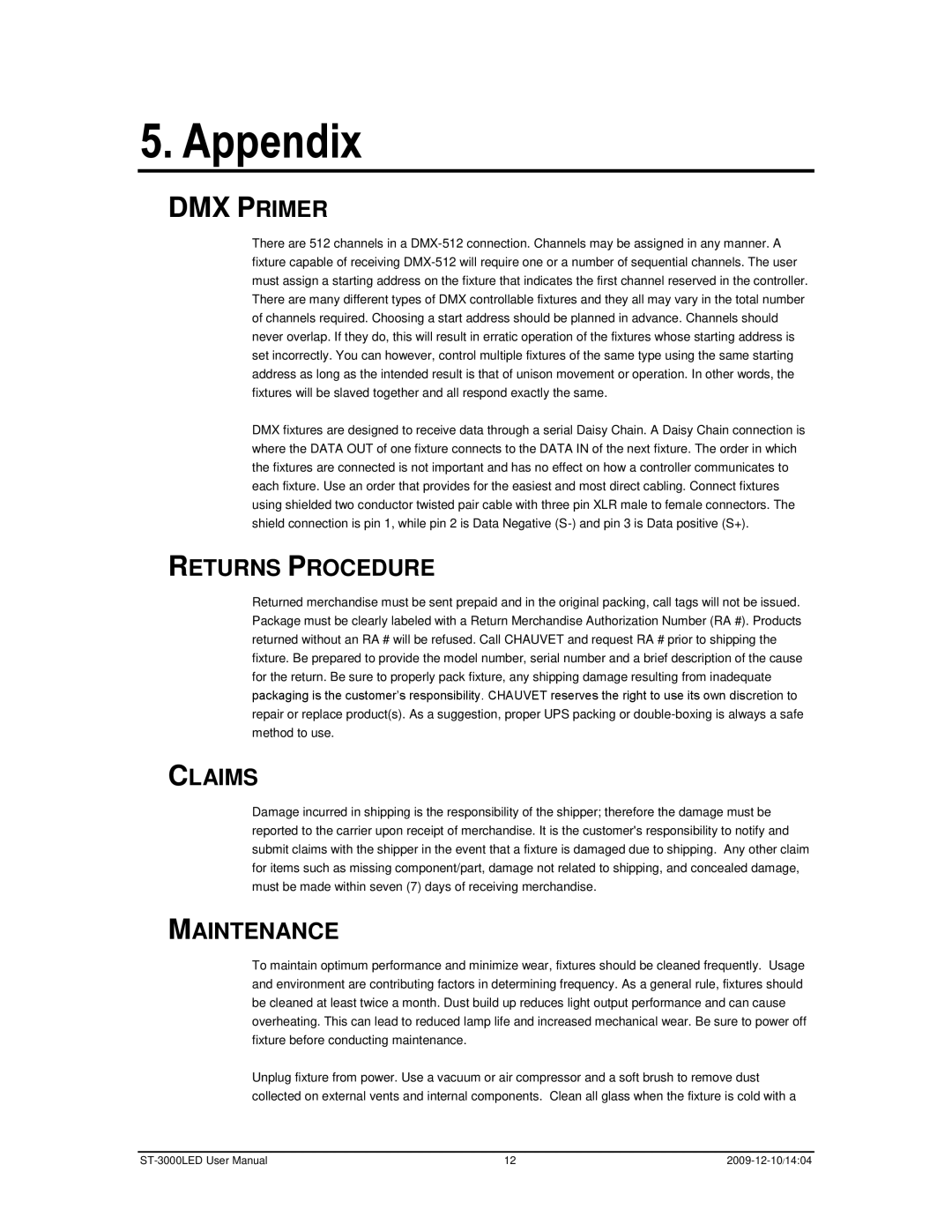 Chauvet ST-3000LED user manual Appendix, Returns Procedure, Claims, Maintenance 