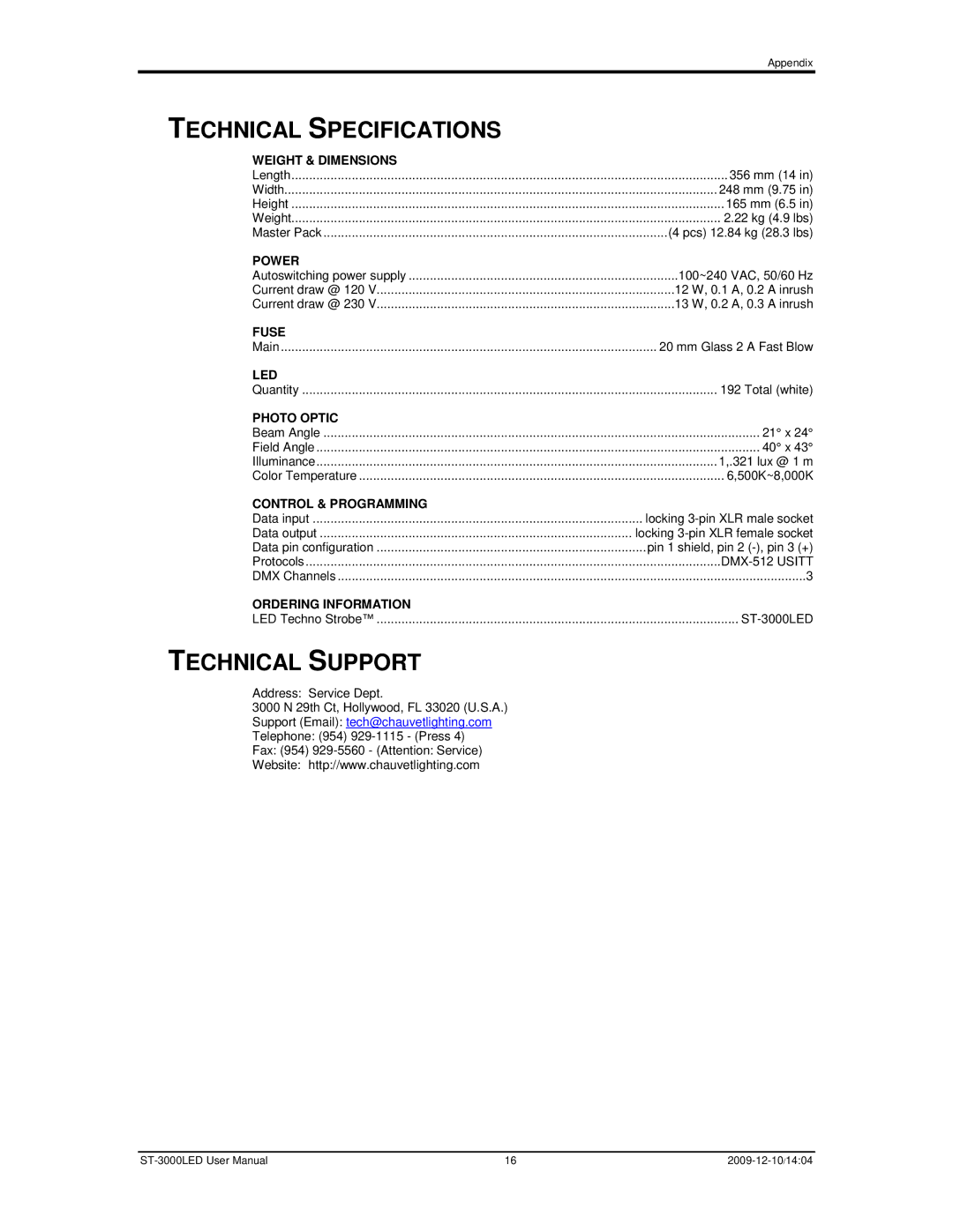 Chauvet ST-3000LED user manual Technical Specifications, Technical Support 