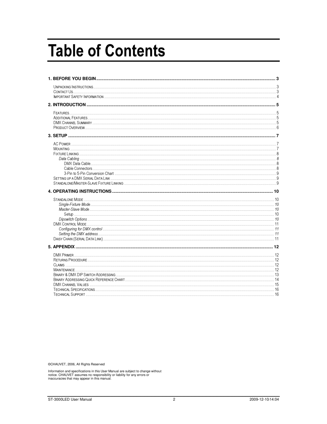 Chauvet ST-3000LED user manual Table of Contents 