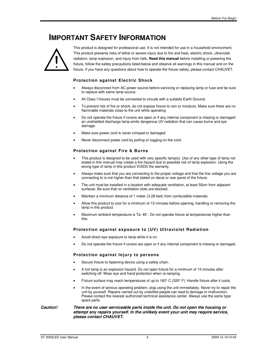 Chauvet ST-3000LED Important Safety Information, Protec tion a gainst Elec tric Shock, Protec tion a gainst Fire & Bu rns 