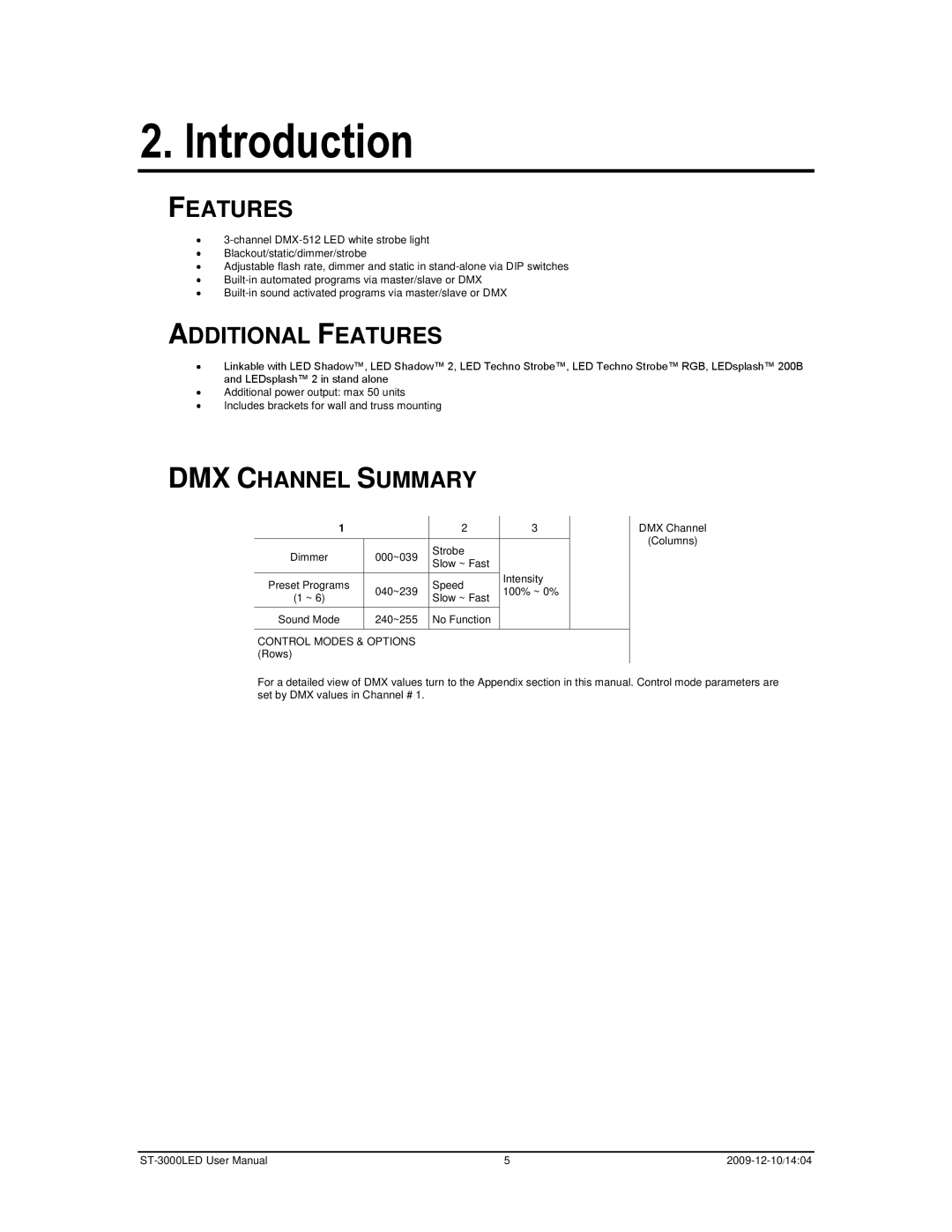 Chauvet ST-3000LED user manual Introduction, Additional Features, DMX Channel Summary 