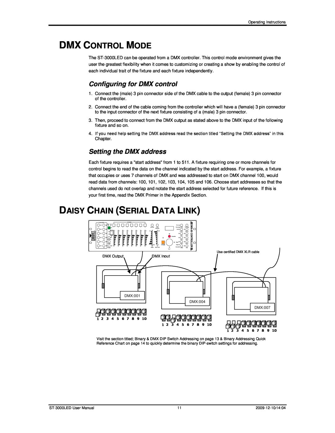 Chauvet ST-3000LED Dmx Control Mode, Daisy Chain Serial Data Link, Configuring for DMX control, Setting the DMX address 