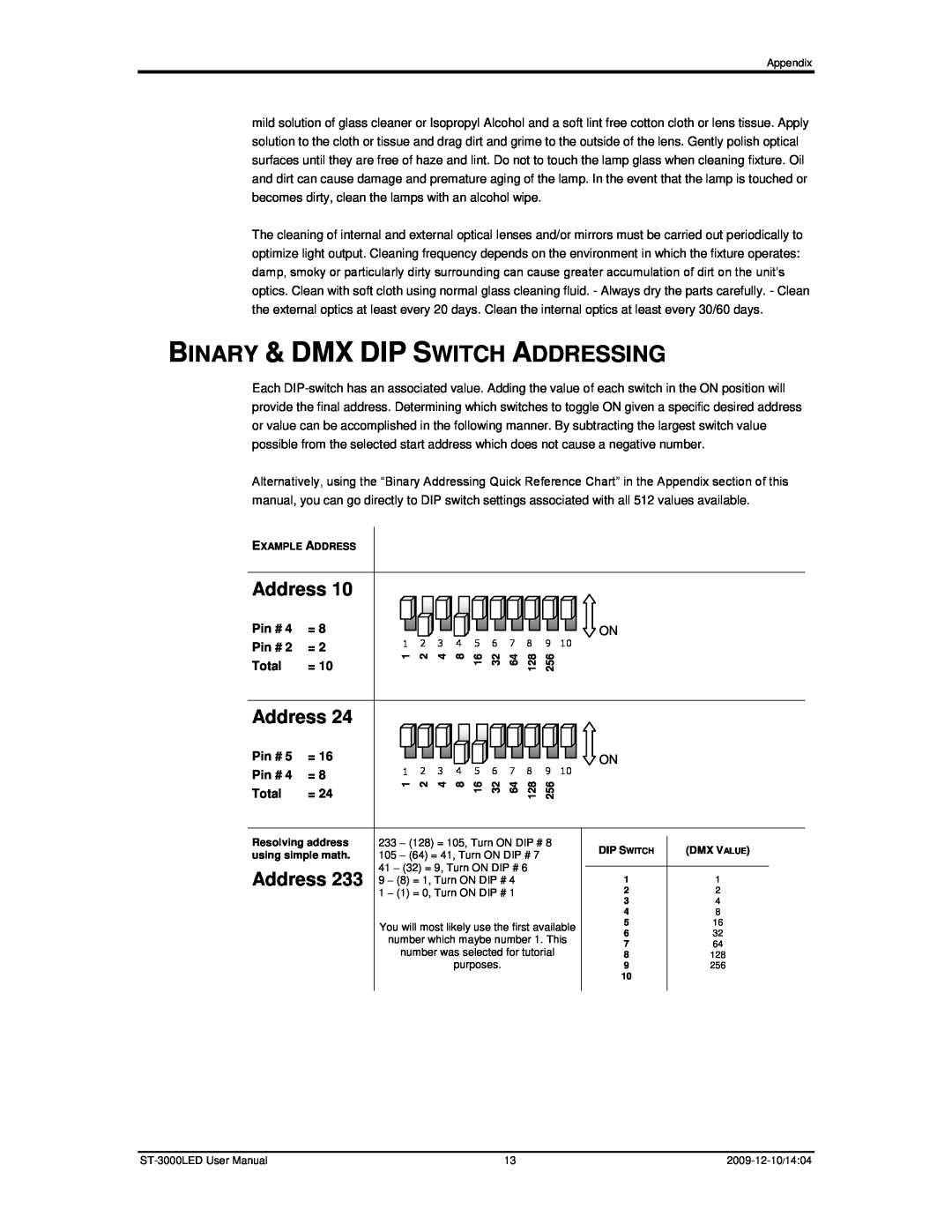 Chauvet ST-3000LED user manual Binary & Dmx Dip Switch Addressing, Pin #, Total 